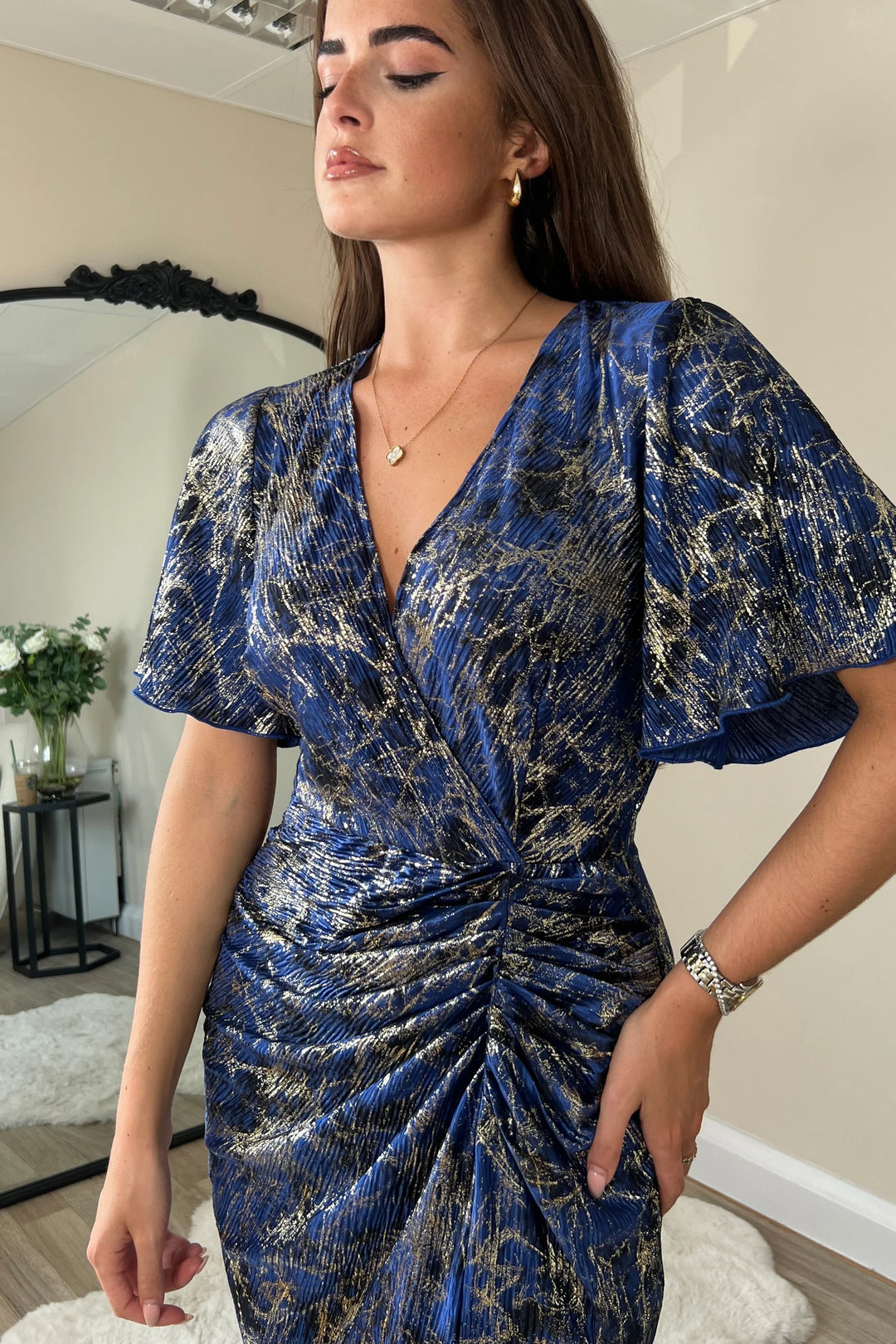Isla Blue & Gold Angel Sleeve Bodycon Midi Dress | LittleMadam Isla Blue & Gold Angel Sleeve Bodycon Midi Dress | LittleMadam