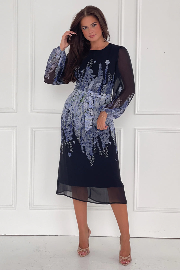 Harlow Black & Purple Floral Long Sleeve Chiffon Belted Midi Dress