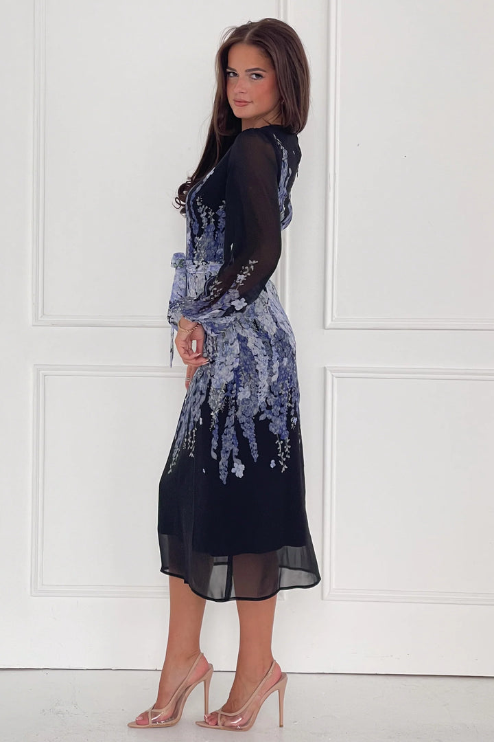 Harlow Black & Purple Floral Long Sleeve Chiffon Belted Midi Dress