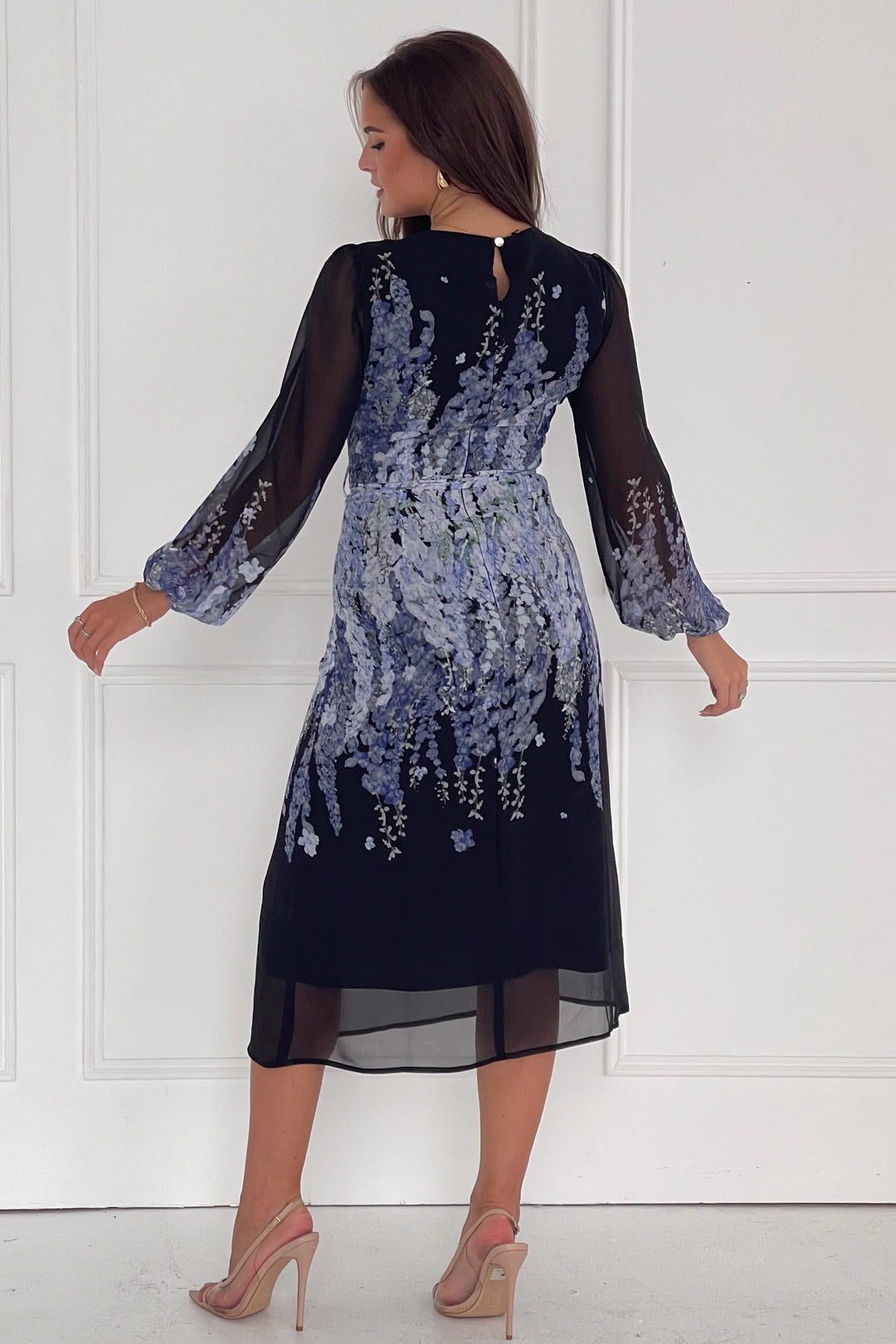 Harlow Black & Purple Floral Long Sleeve Chiffon Belted Midi Dress