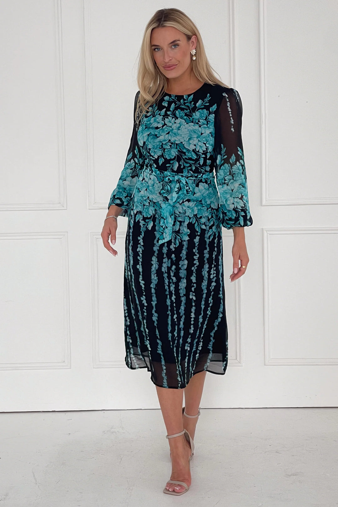 Harlow Black & Turquoise Floral Long Sleeve Chiffon Belted Midi Dress | LittleMadam Harlow Black & Turquoise Floral Long Sleeve Chiffon Belted Midi Dress | LittleMadam