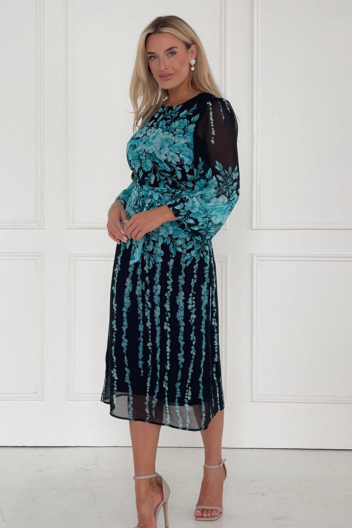 Harlow Black & Turquoise Floral Long Sleeve Chiffon Belted Midi Dress