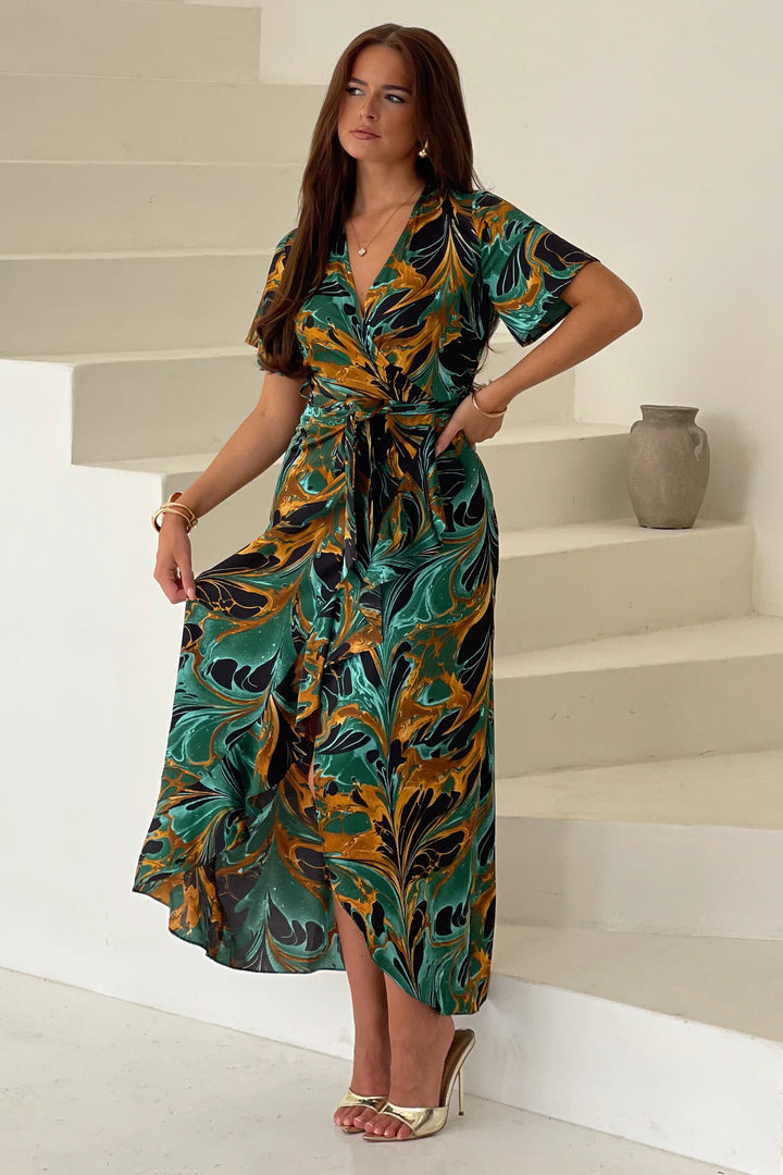 Farrah Green Marble Frill Detail Wrap Maxi Dress