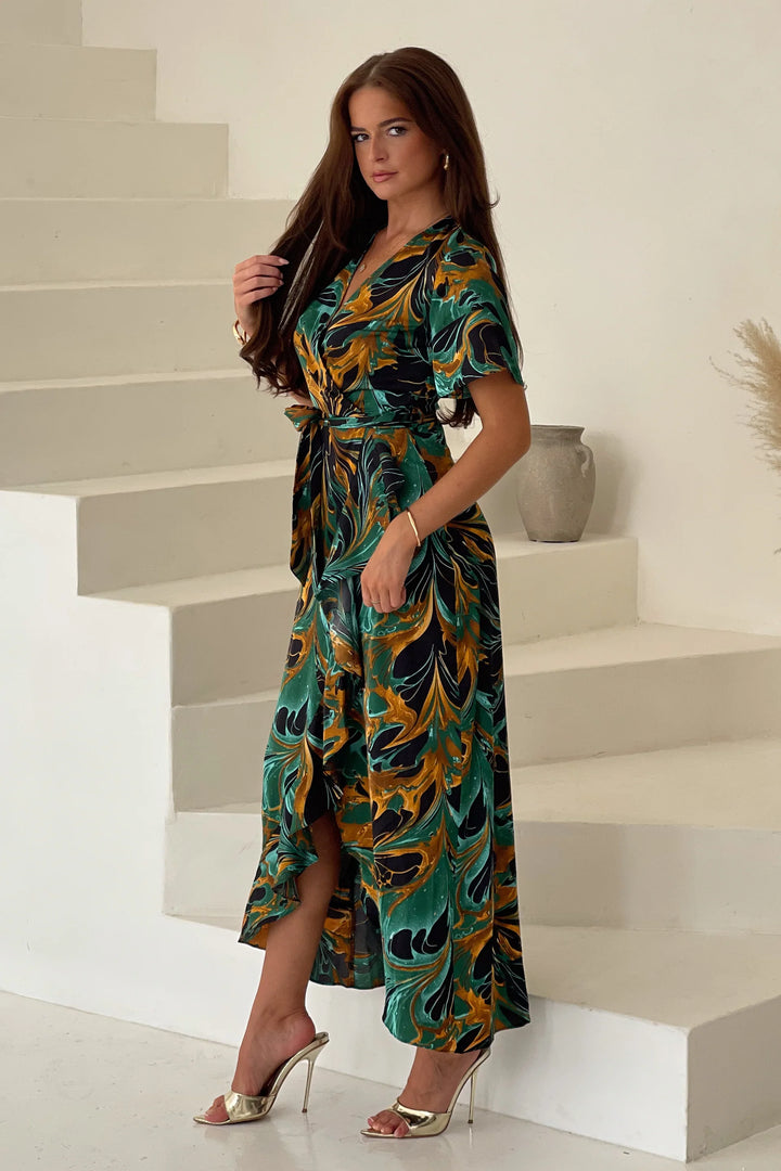 Farrah Green Marble Frill Detail Wrap Maxi Dress