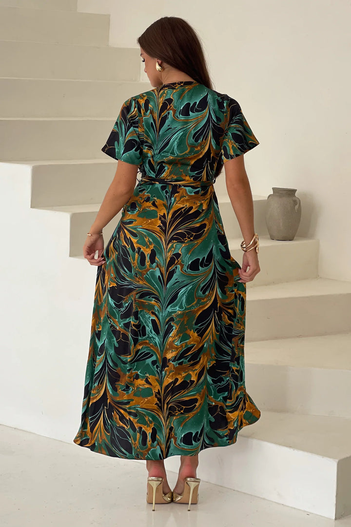 Farrah Green Marble Frill Detail Wrap Maxi Dress