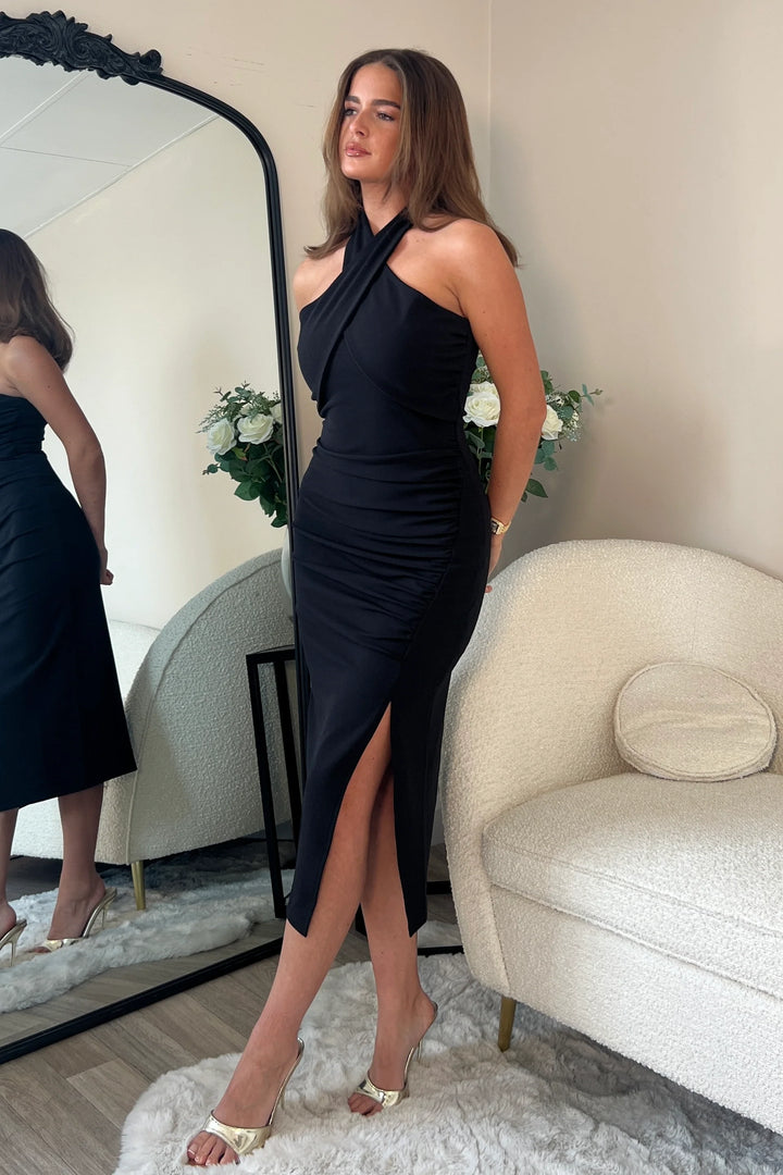 Bessie Black Halter Neck Side Split Bodycon Midi Dress