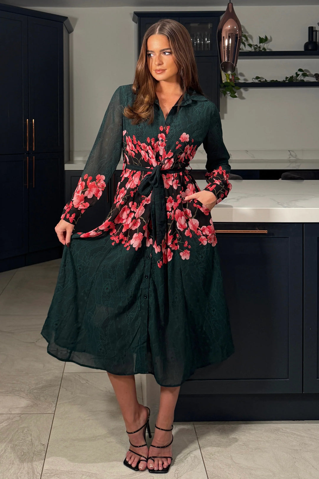 Everly Green and Pink Floral Belted Midi Shirt Dress