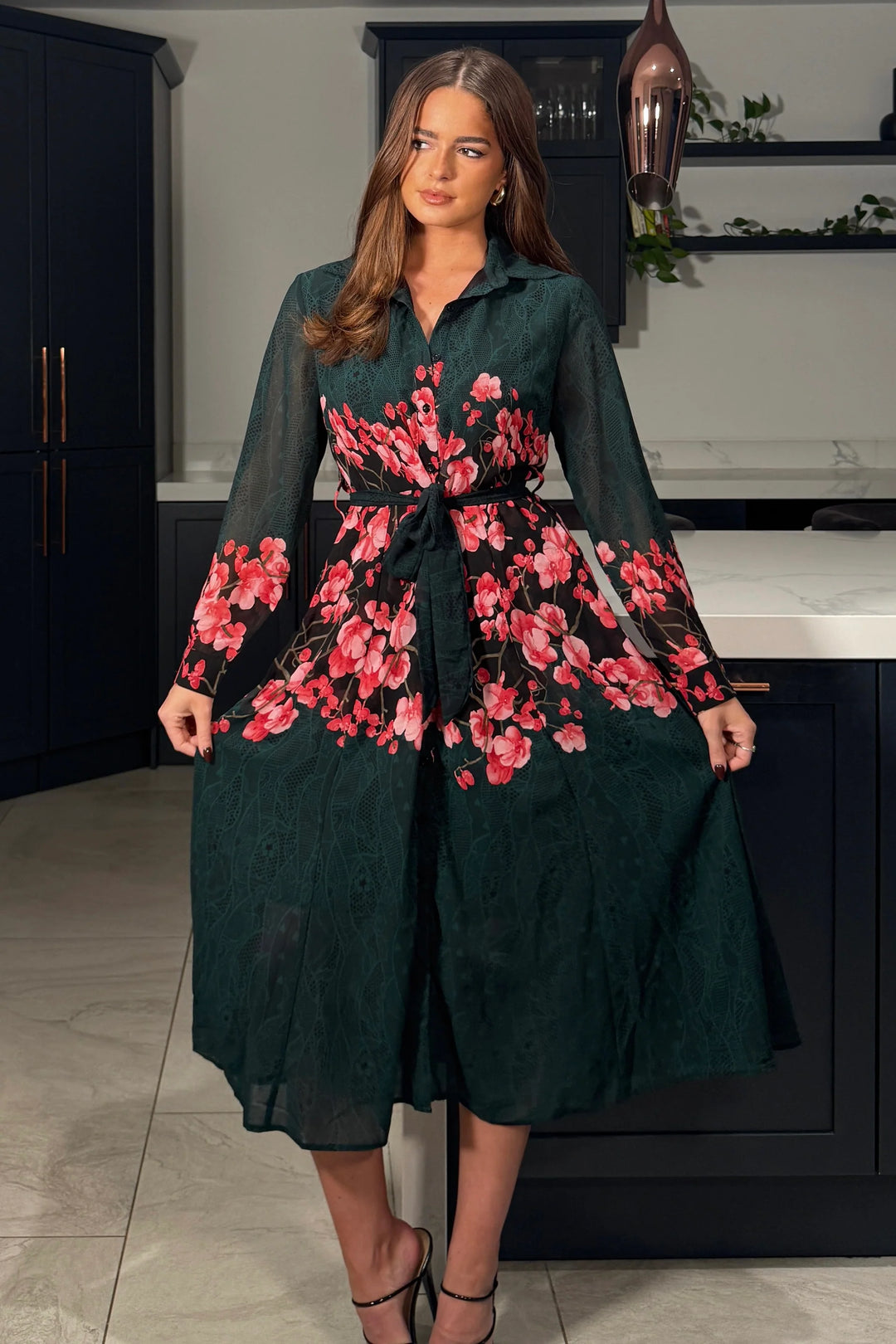 Everly Green and Pink Floral Belted Midi Shirt Dress