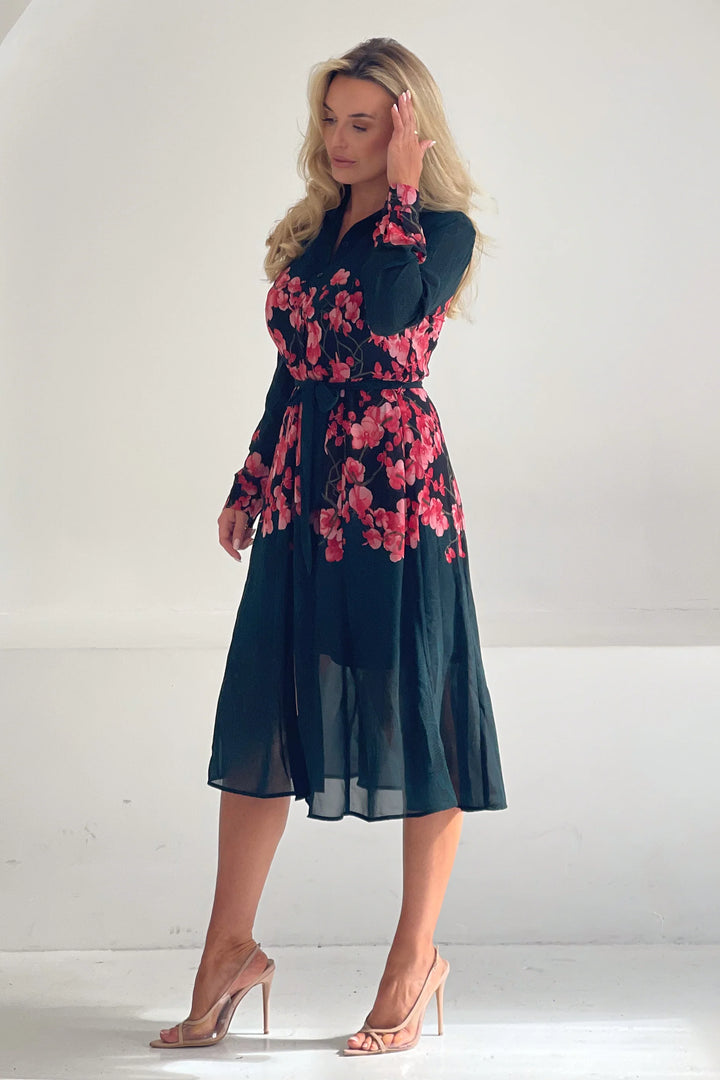 Everly Green and Pink Floral Belted Midi Shirt Dress