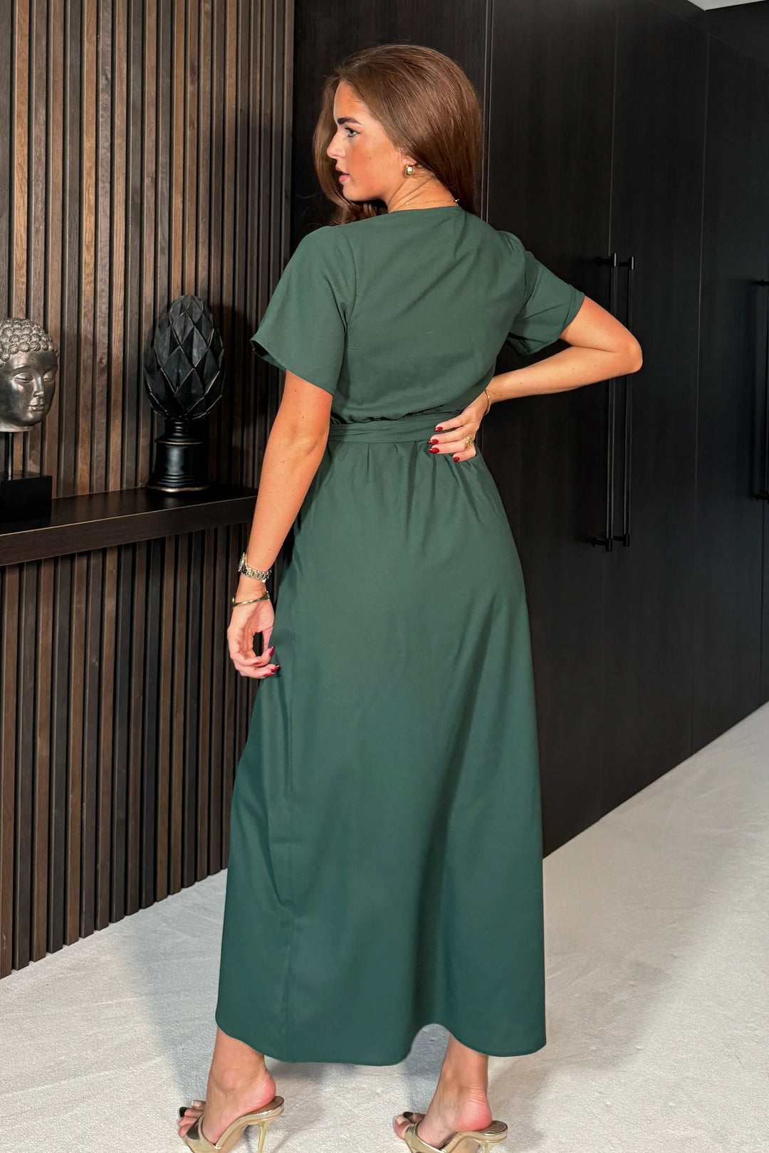 Farrah Dark Green Frill Detail Wrap Maxi Dress