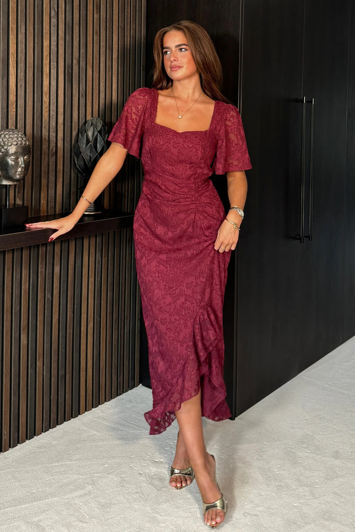 Heidi Burgundy Floral Burnout Ruched Short Sleeve Midi Dress