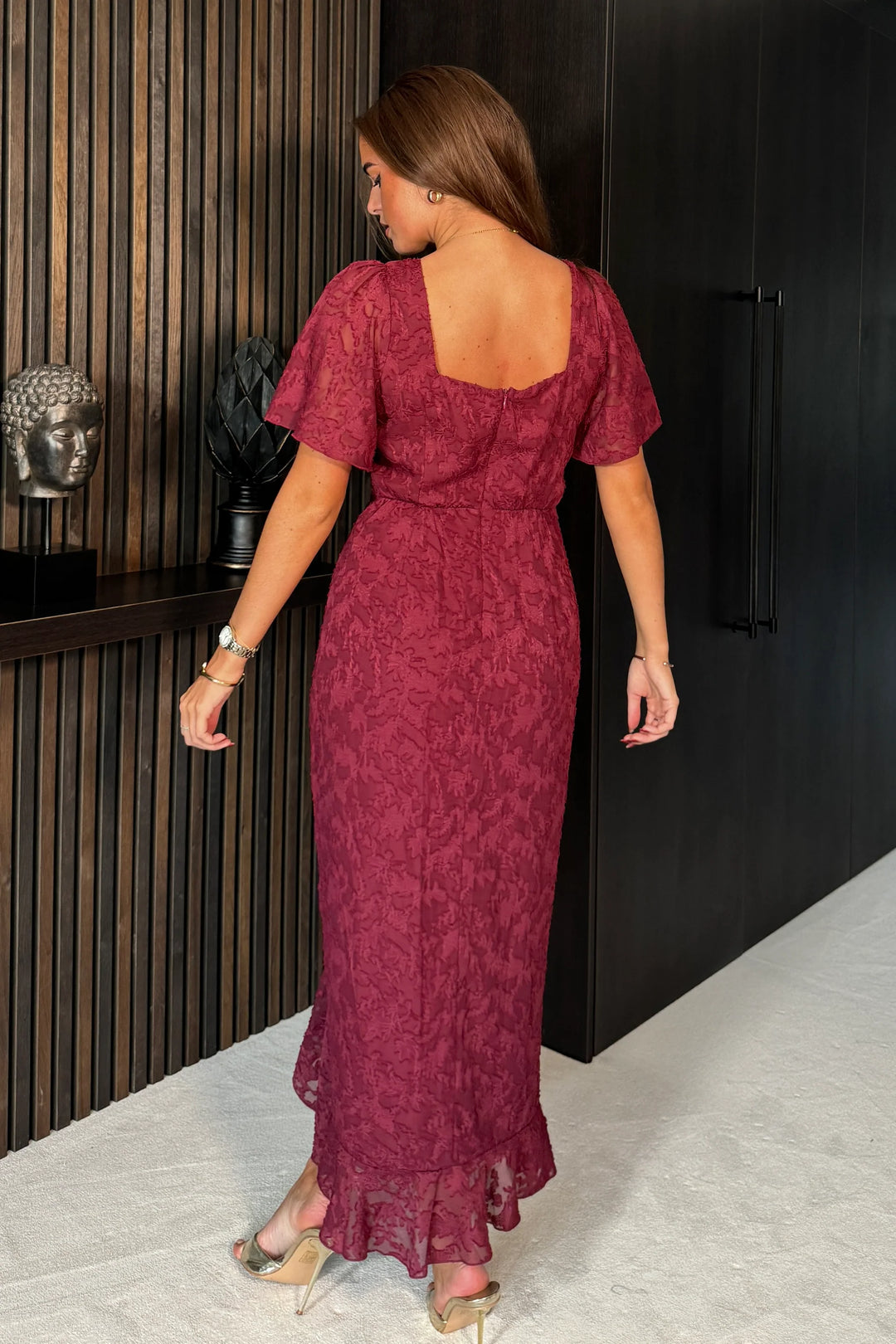 Heidi Burgundy Floral Burnout Ruched Short Sleeve Midi Dress