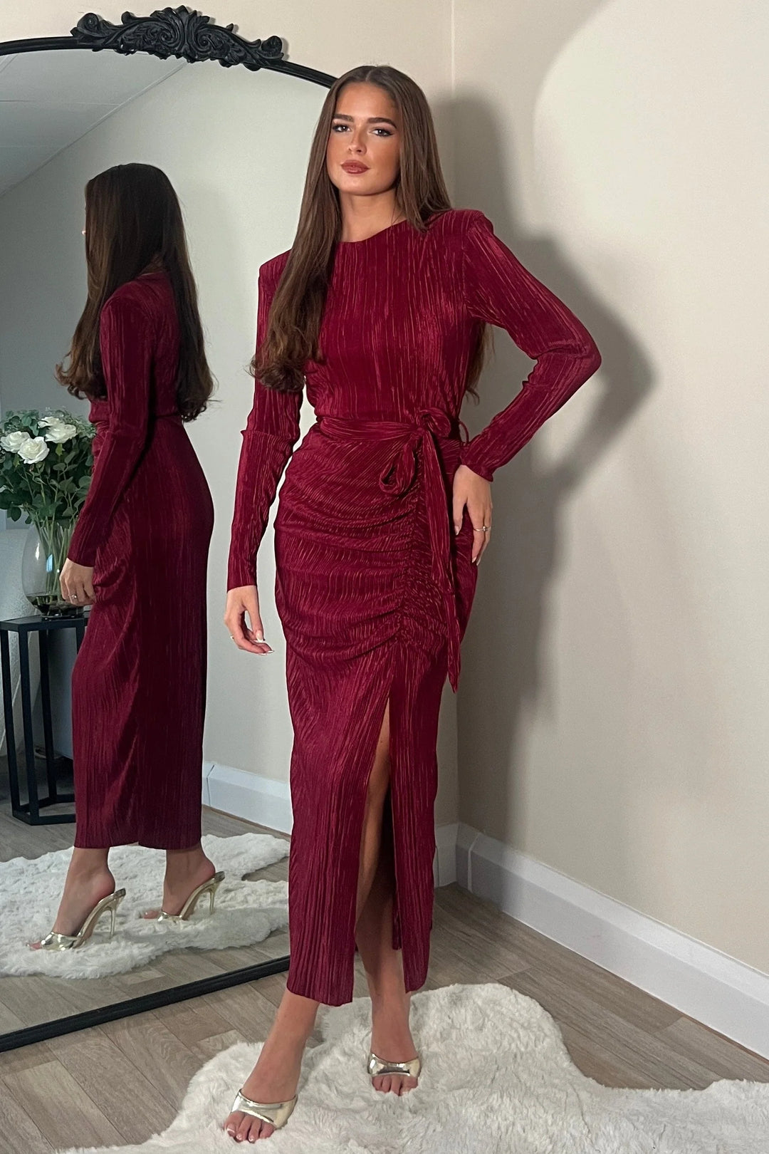 Helena Ruched Maxi Dress With Sleeves Elena Burgundy Wine Ruched