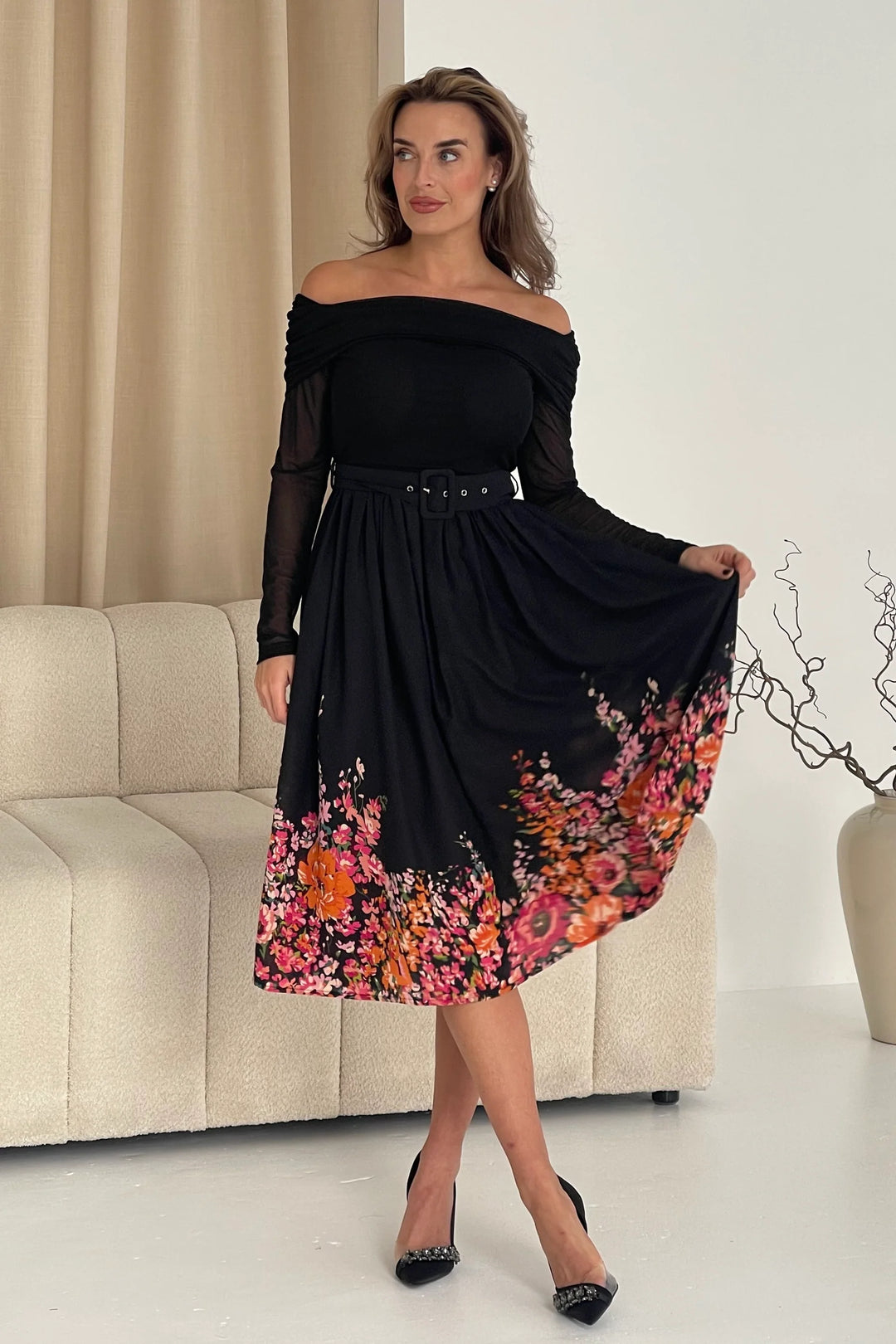 Aster Black Floral Bardot Long Sleeve Belted Midi Dress