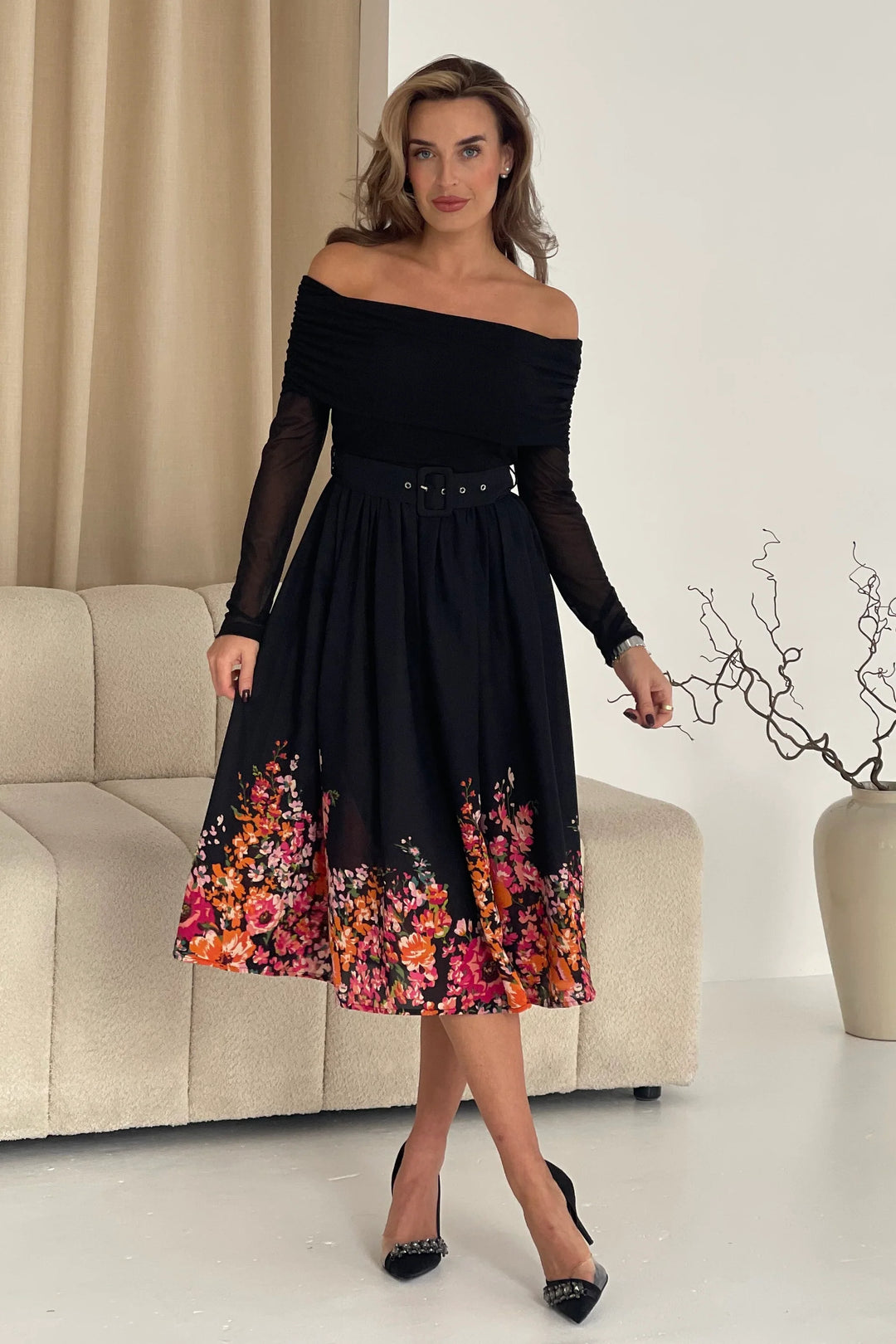 Aster Black Floral Bardot Long Sleeve Belted Midi Dress