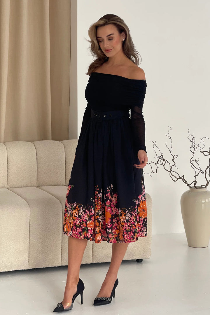 Aster Black Floral Bardot Long Sleeve Belted Midi Dress