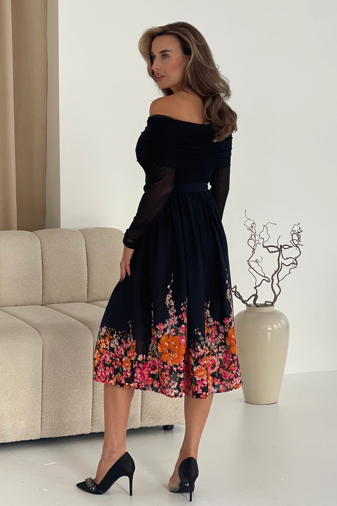 Aster Black Floral Bardot Long Sleeve Belted Midi Dress