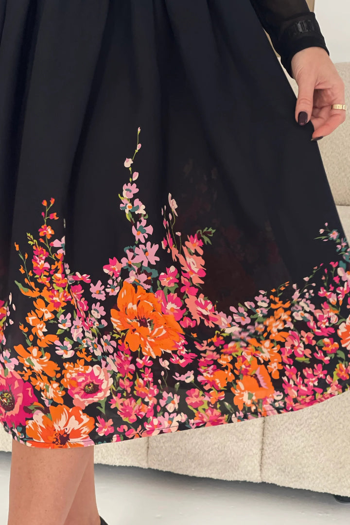 Aster Black Floral Bardot Long Sleeve Belted Midi Dress