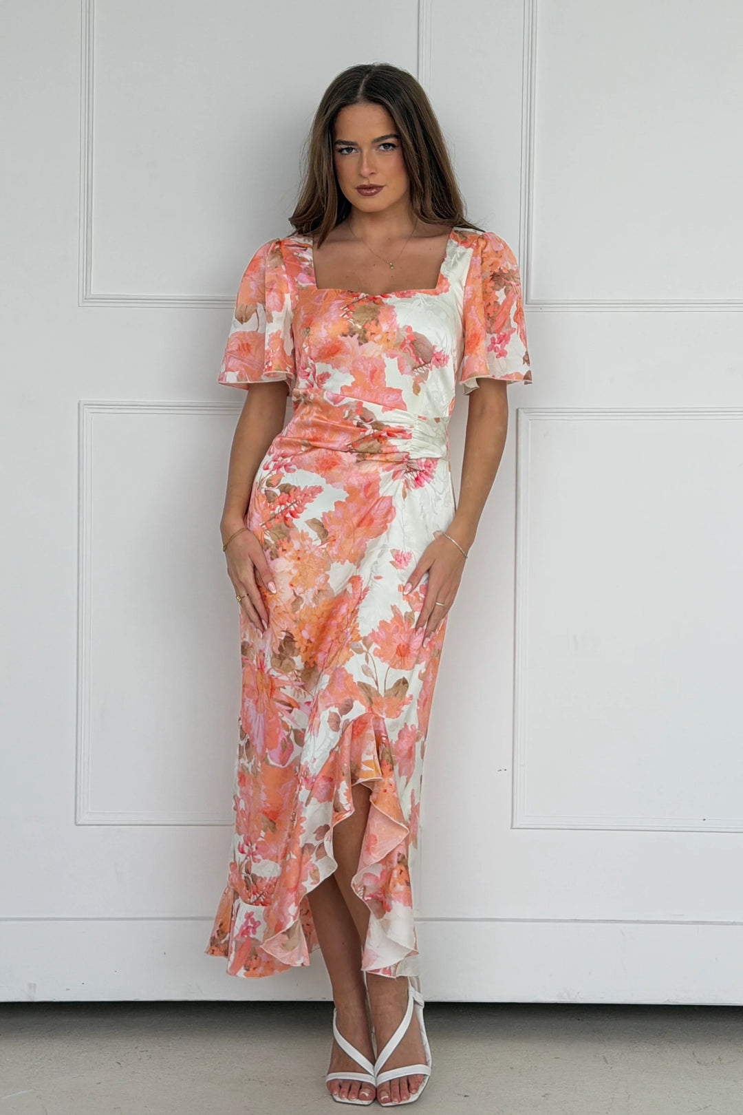Heidi Peach Floral Ruched Short Sleeve Midi Dress