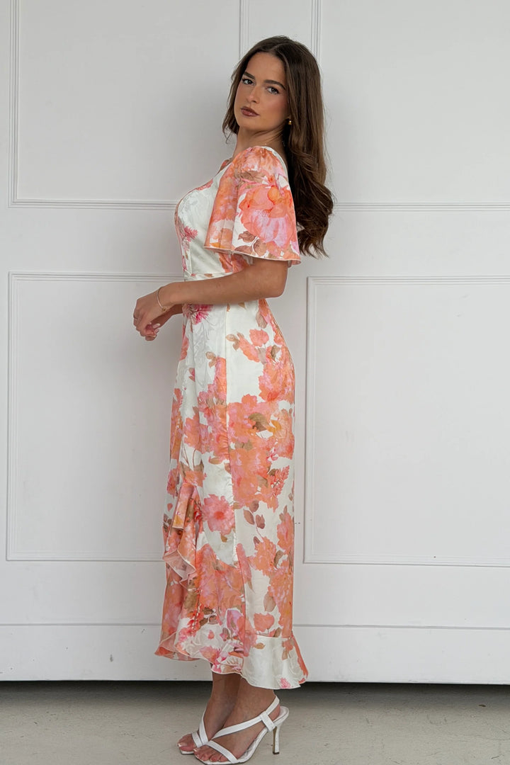Heidi Peach Floral Ruched Short Sleeve Midi Dress