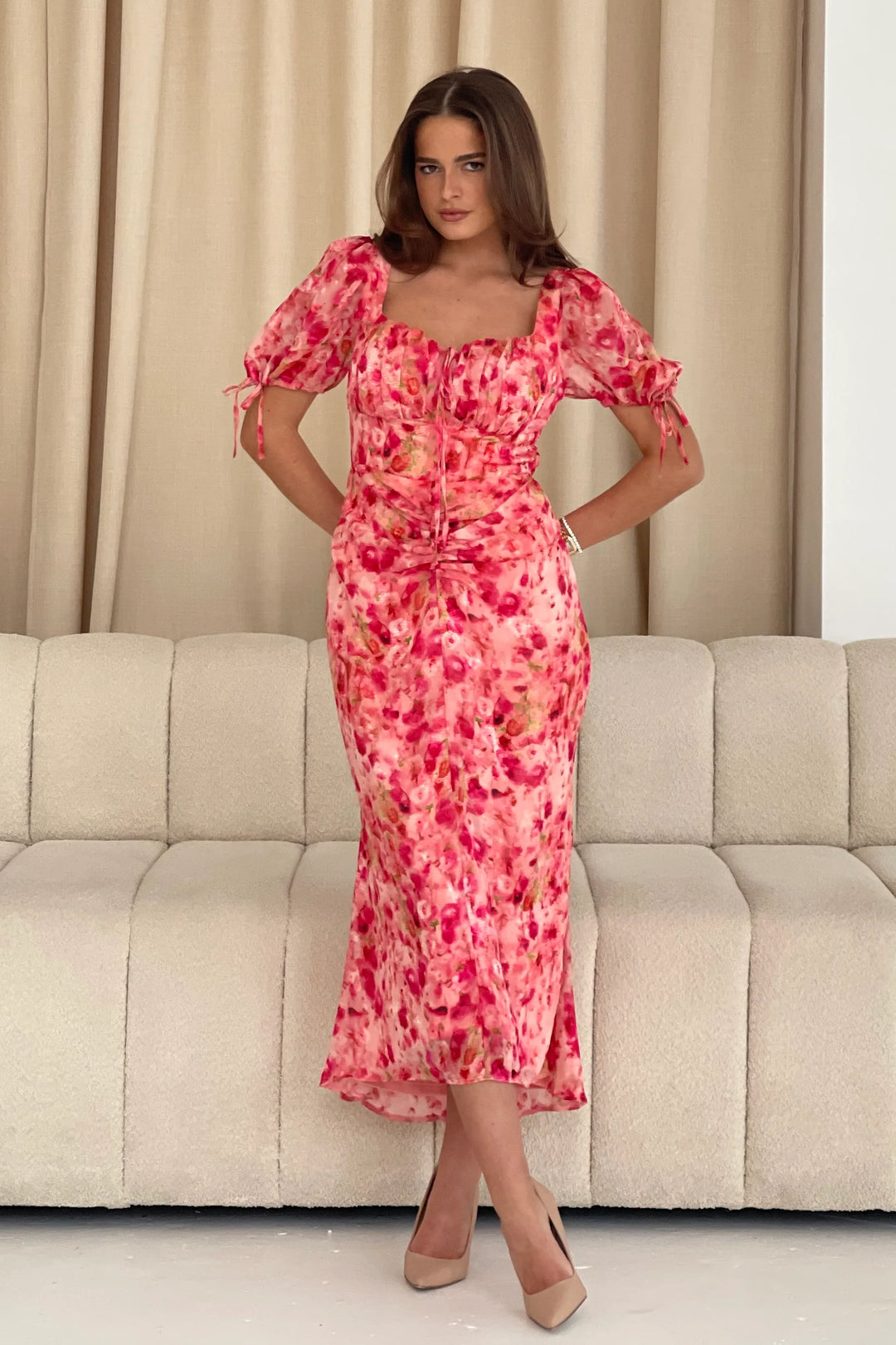 Dove Pink Floral Burnout Ruched Detail Midi Dress
