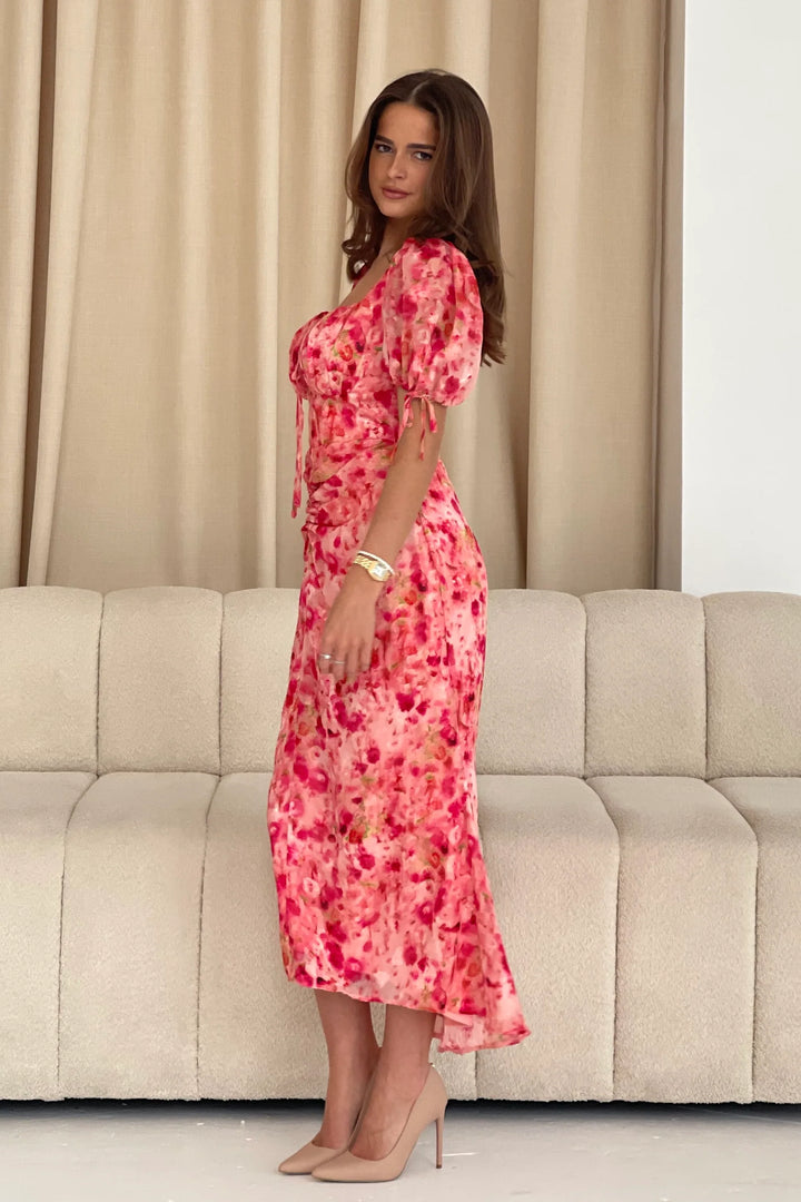 Dove Pink Floral Burnout Ruched Detail Midi Dress