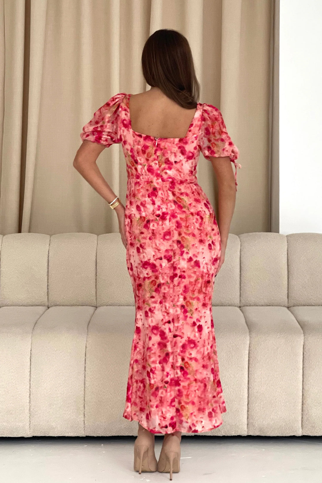 Dove Pink Floral Burnout Ruched Detail Midi Dress