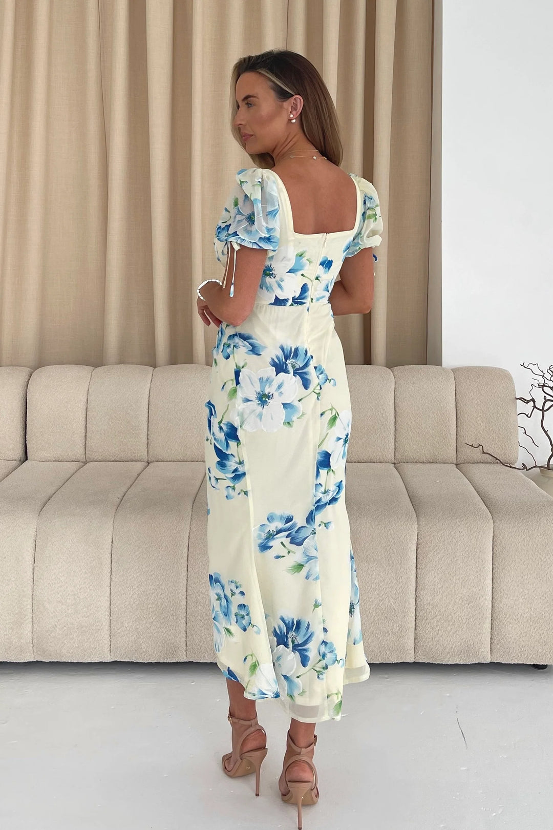 Dove Yellow & Blue Floral Burnout Ruched Detail Midi Dress
