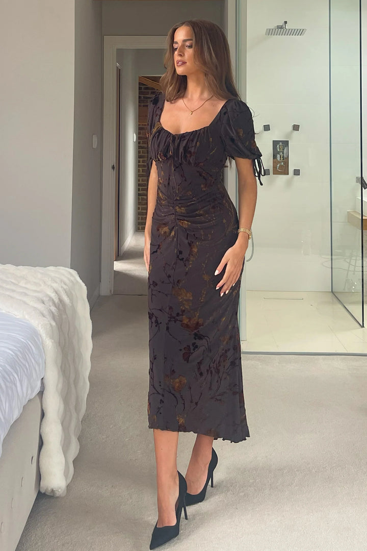 Dove Brown Flocked Floral Short Sleeve Ruched Detail Midi Dress