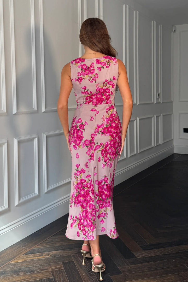 Bay Pink Floral Boat Neck Keyhole Detail Sleeveless Midi Dress