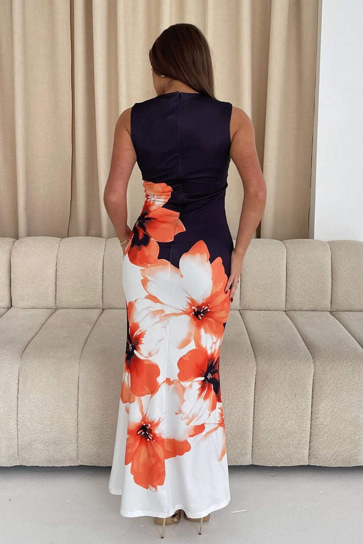 Aria Black, White & Orange Sleeveless Floral Bodycon Maxi Dress