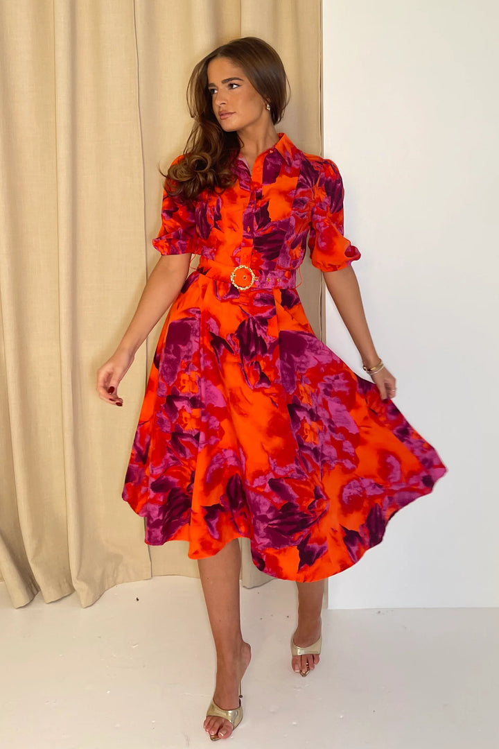 Holland Orange & Pink Floral Short Sleeve Belted Midi Dress