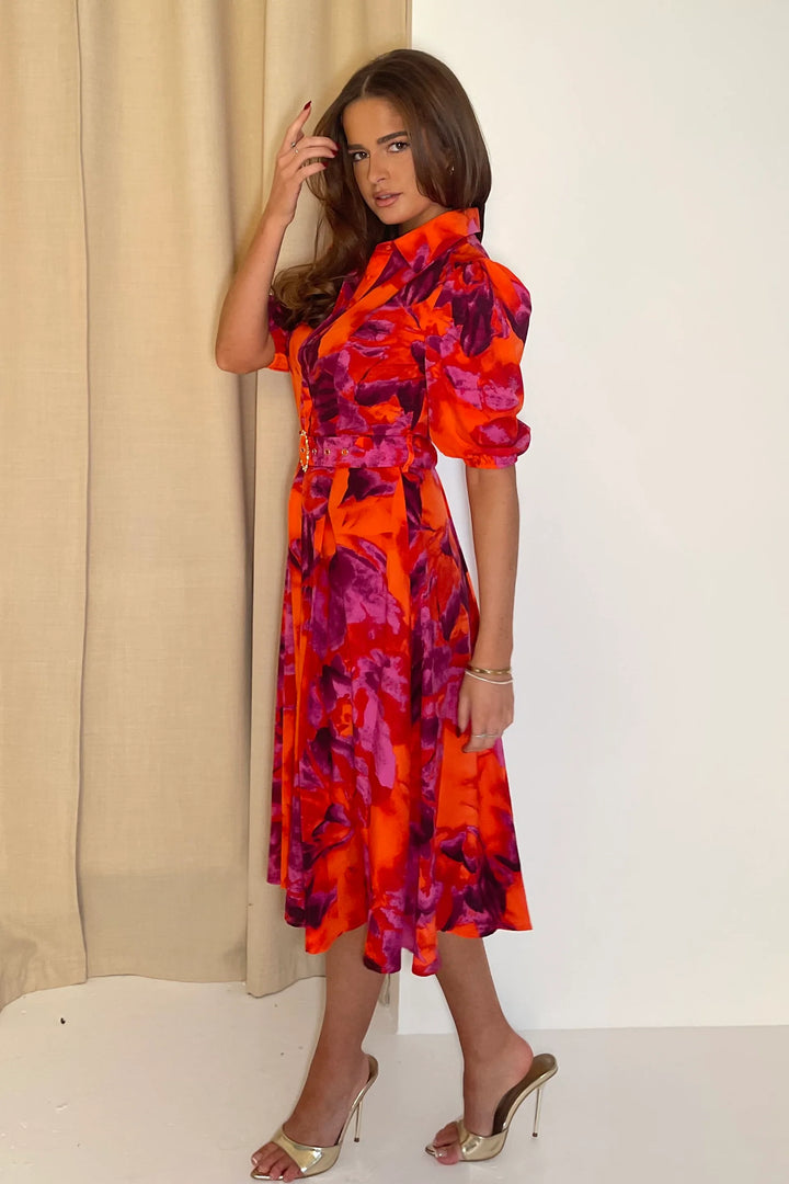 Holland Orange & Pink Floral Short Sleeve Belted Midi Dress