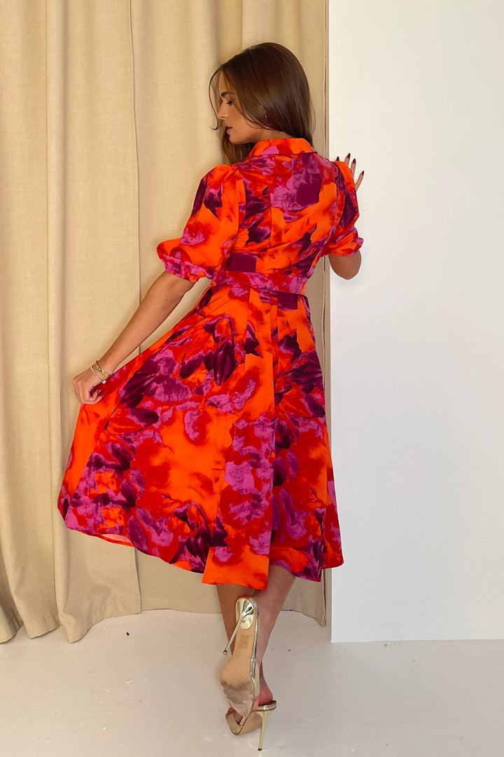 Holland Orange & Pink Floral Short Sleeve Belted Midi Dress
