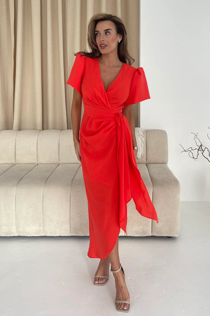 Drew Orange Wrap Short Puff Sleeve Maxi Dress