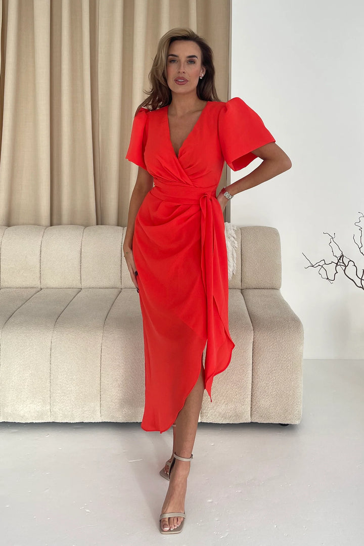 Drew Orange Wrap Short Puff Sleeve Maxi Dress