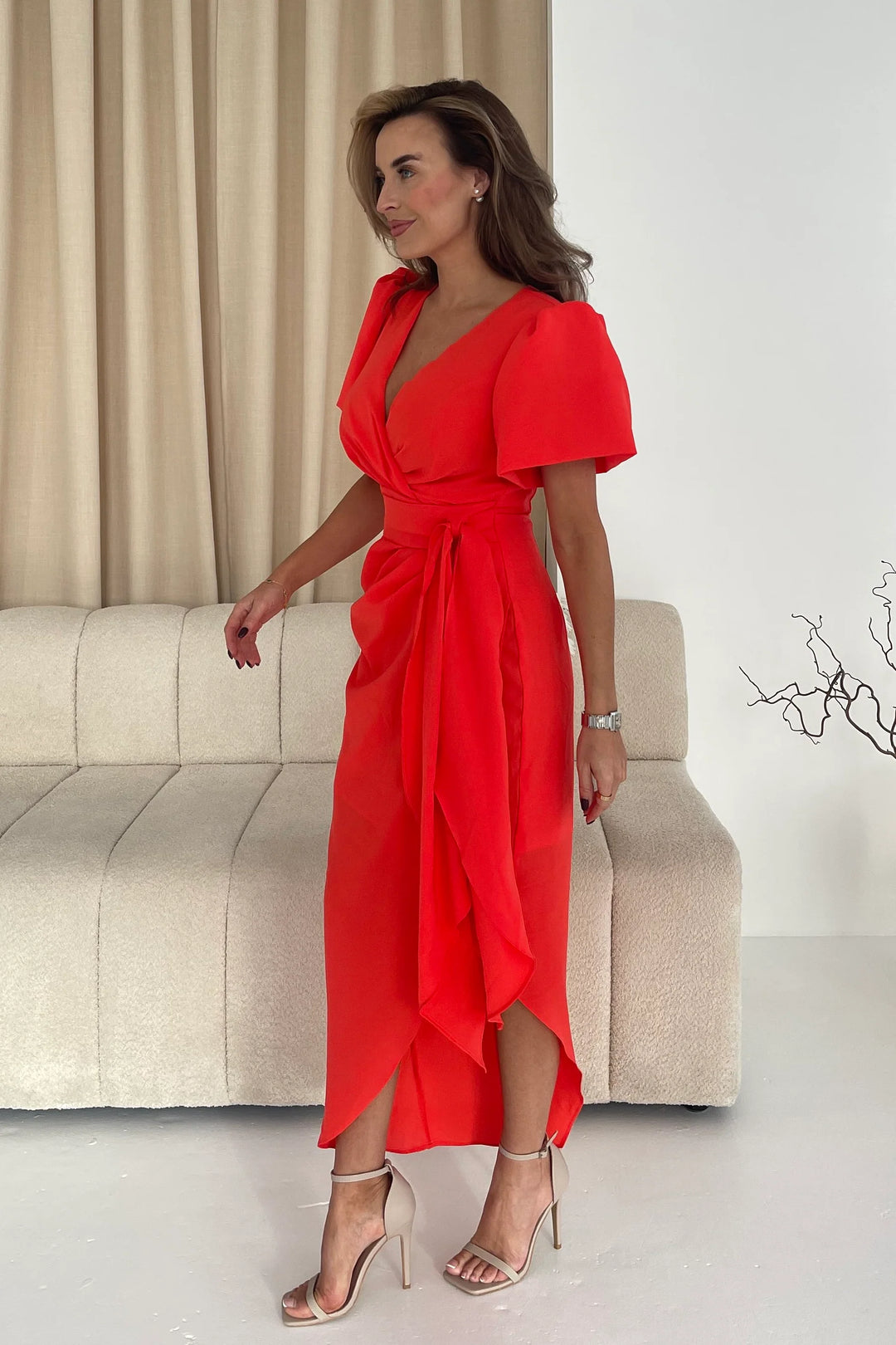 Drew Orange Wrap Short Puff Sleeve Maxi Dress