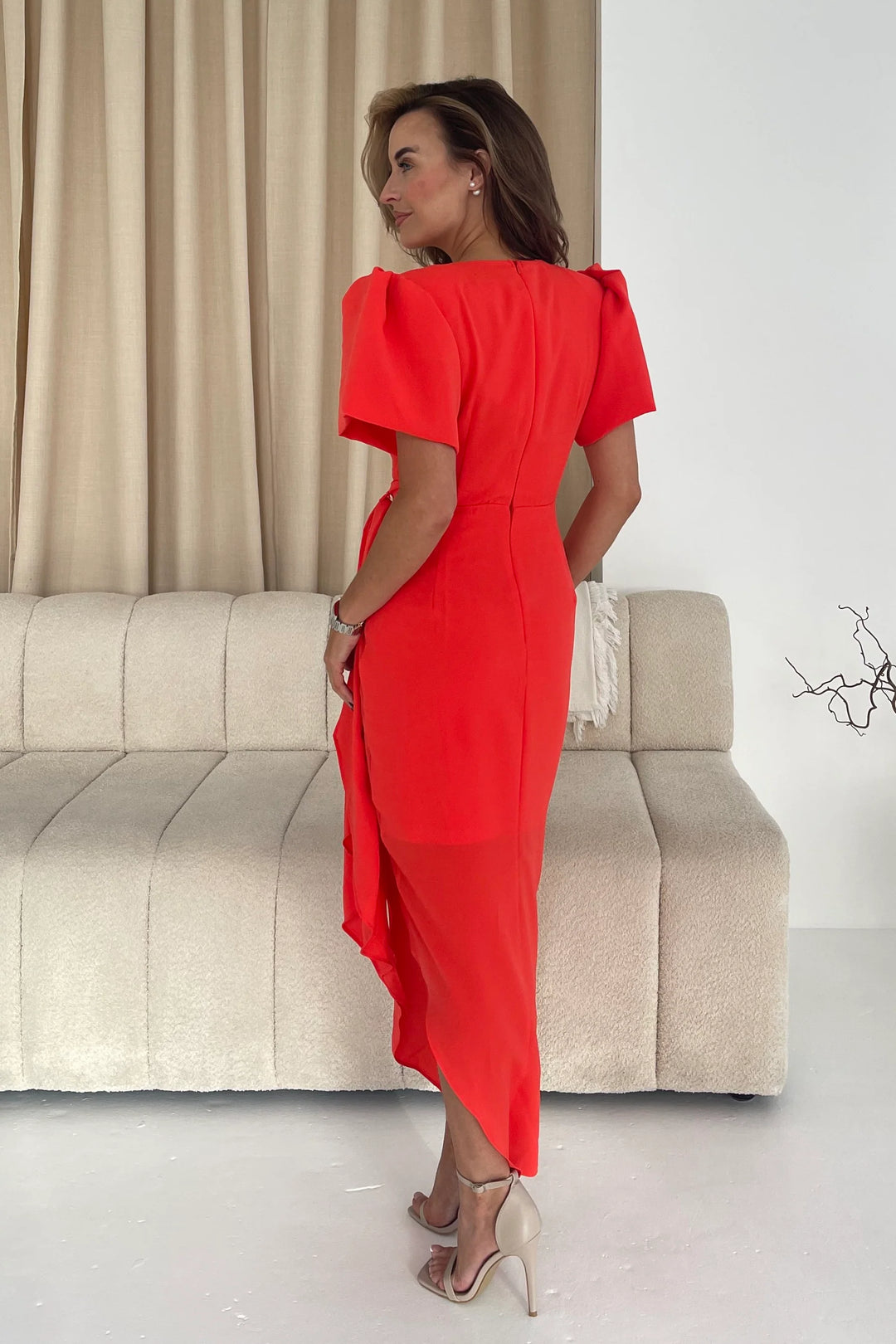 Drew Orange Wrap Short Puff Sleeve Maxi Dress