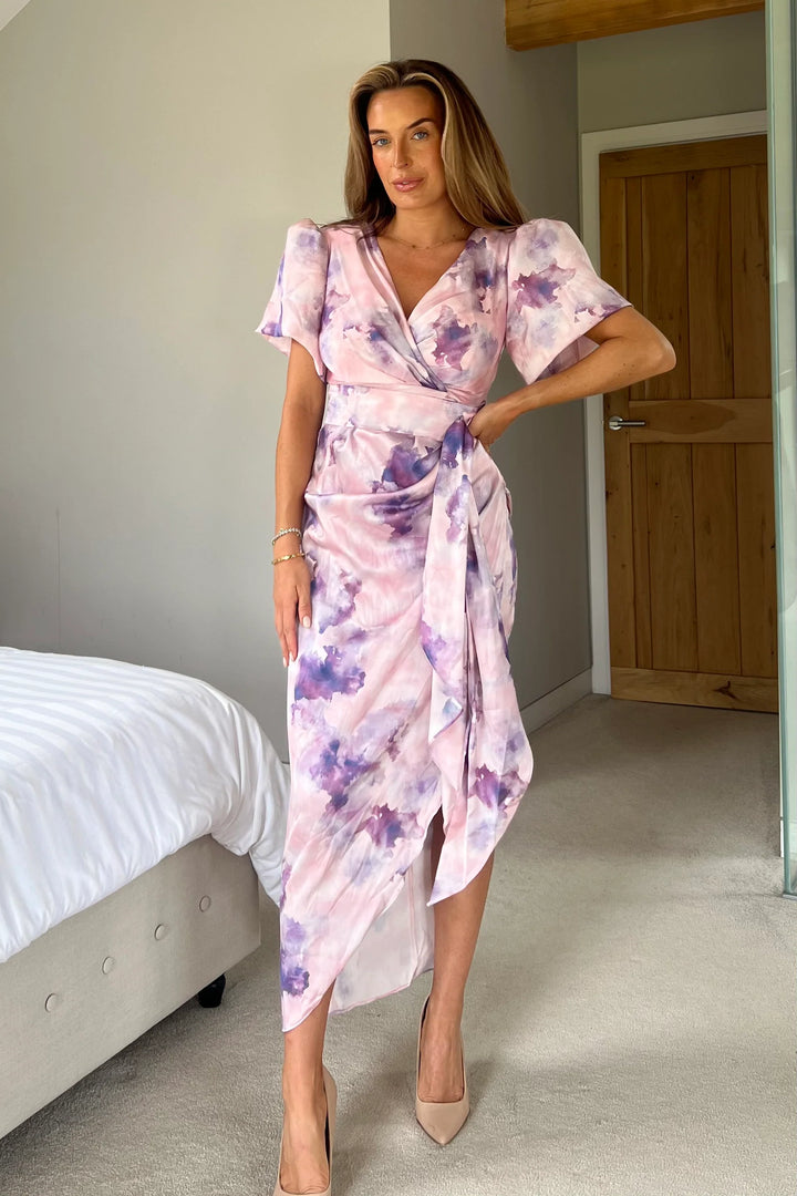 Drew Purple Marble Wrap Short Puff Sleeve Satin Midi Dress
