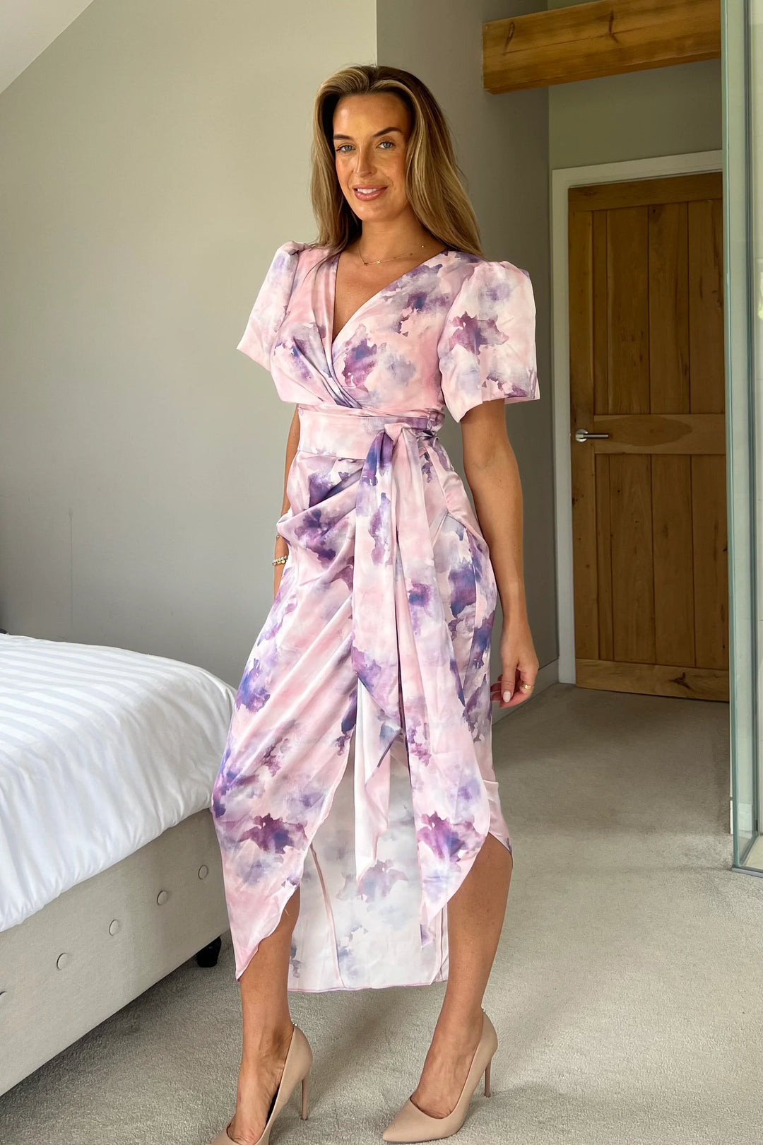 Drew Purple Marble Wrap Short Puff Sleeve Satin Midi Dress
