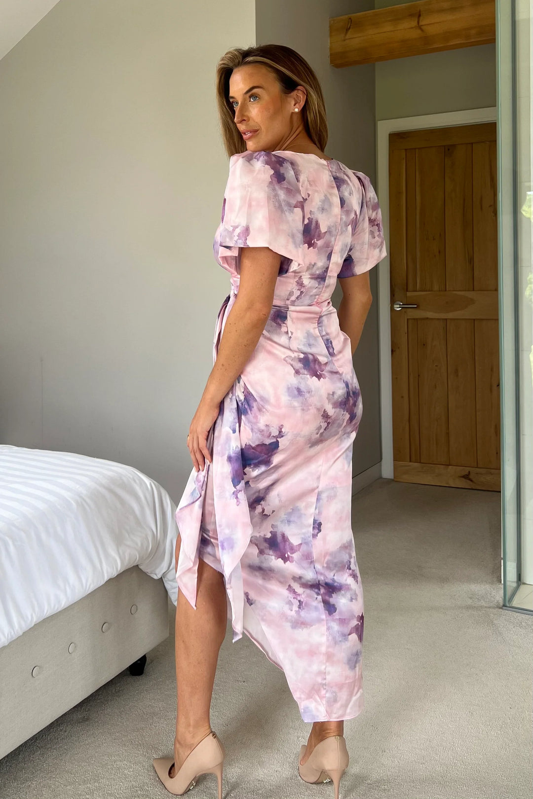 Drew Purple Marble Wrap Short Puff Sleeve Satin Midi Dress