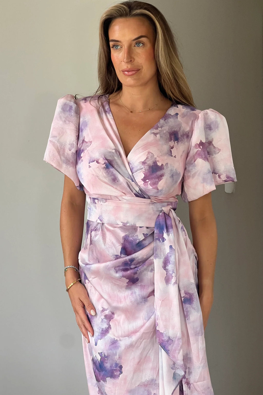 Drew Purple Marble Wrap Short Puff Sleeve Satin Midi Dress