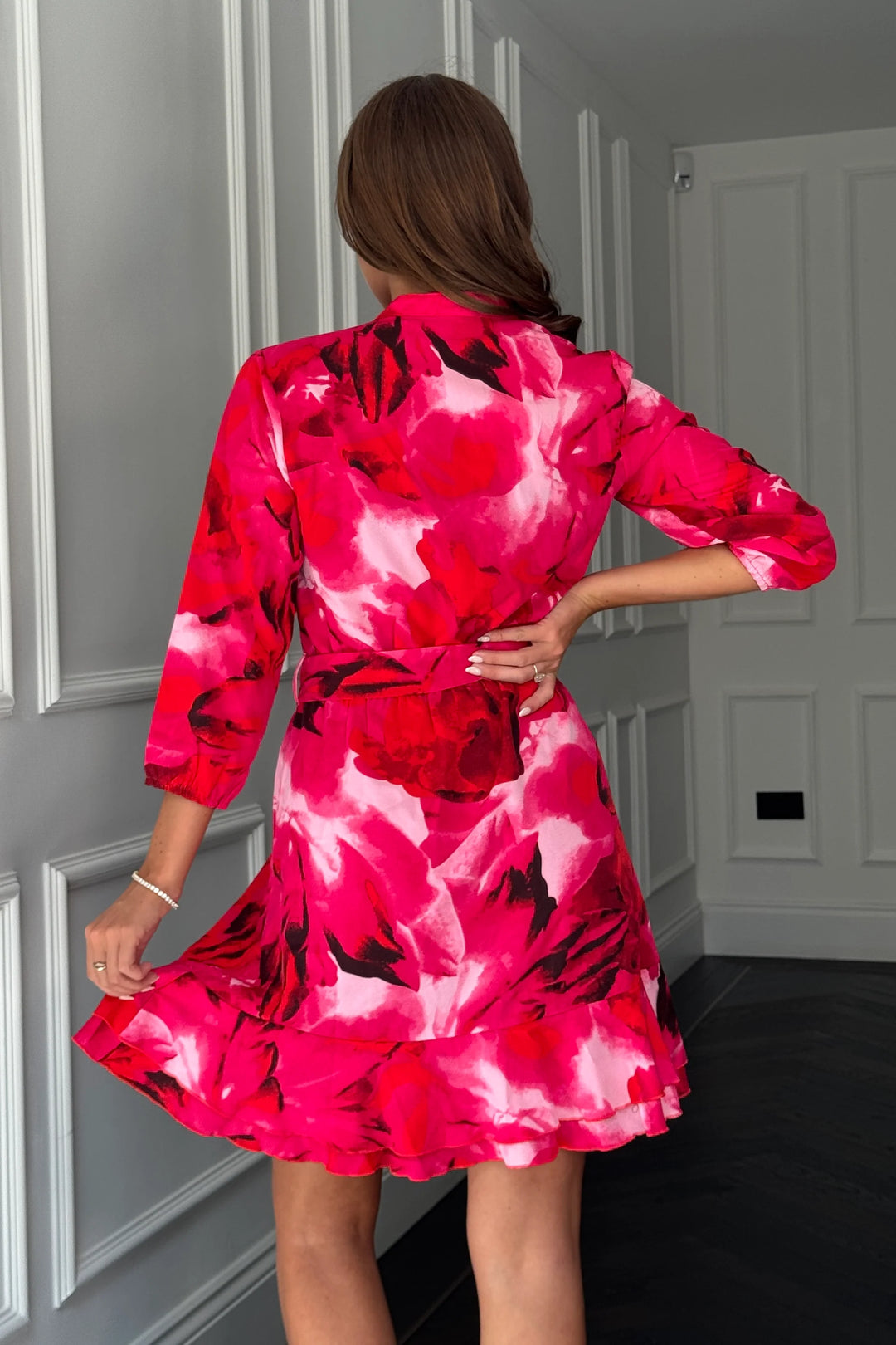 Ashton Pink Floral 3/4 Sleeve Frill Skirt Belted Mini Dress