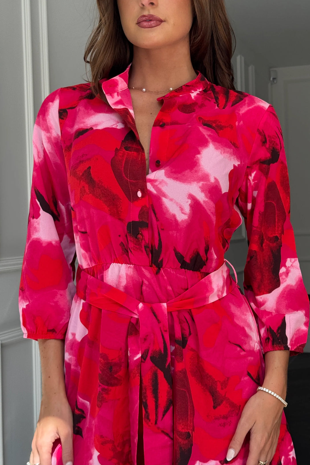 Ashton Pink Floral 3/4 Sleeve Frill Skirt Belted Mini Dress