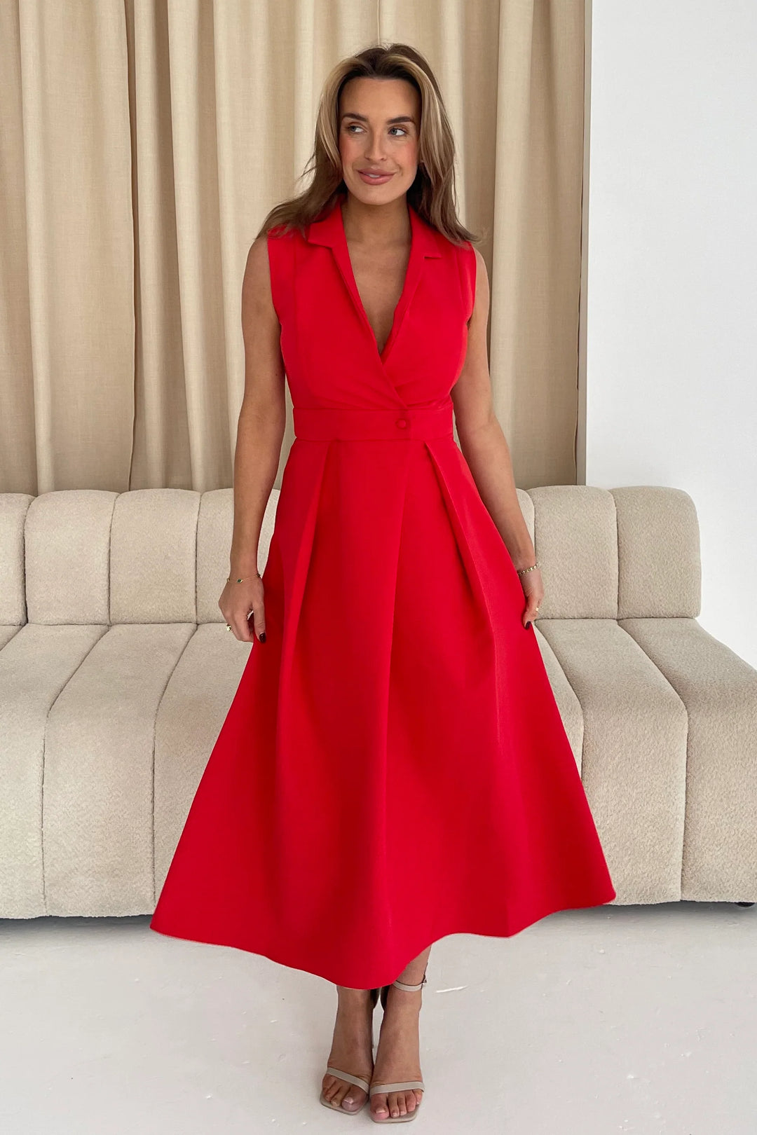 Cameron Red Sleeveless Collared Tailored Shirt Dress