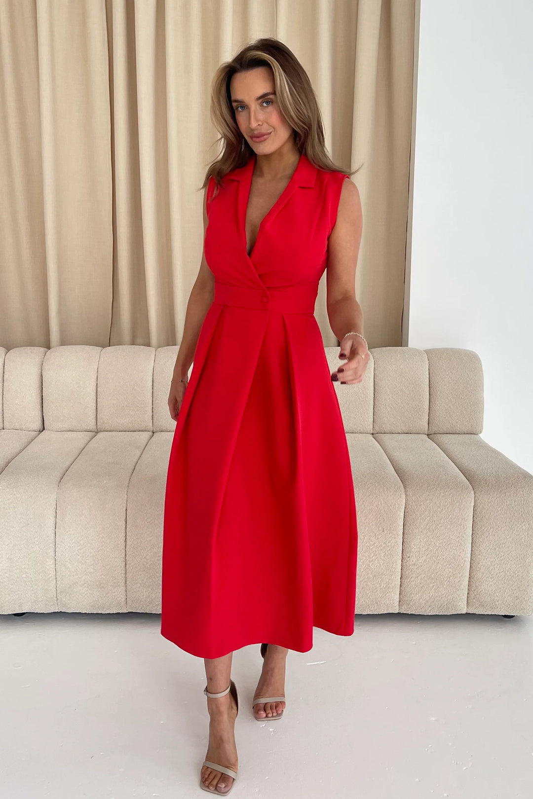 Cameron Red Sleeveless Collared Tailored Shirt Dress