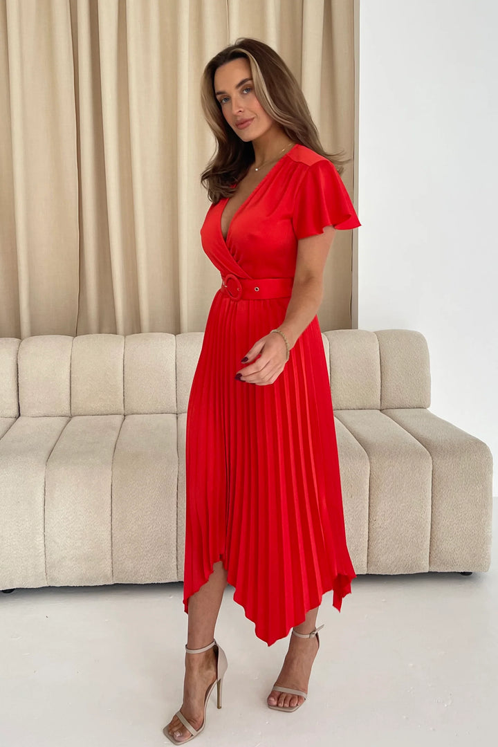 Brooklyn Red Short Sleeve Asymmetric Pleated Belted Midi Dress