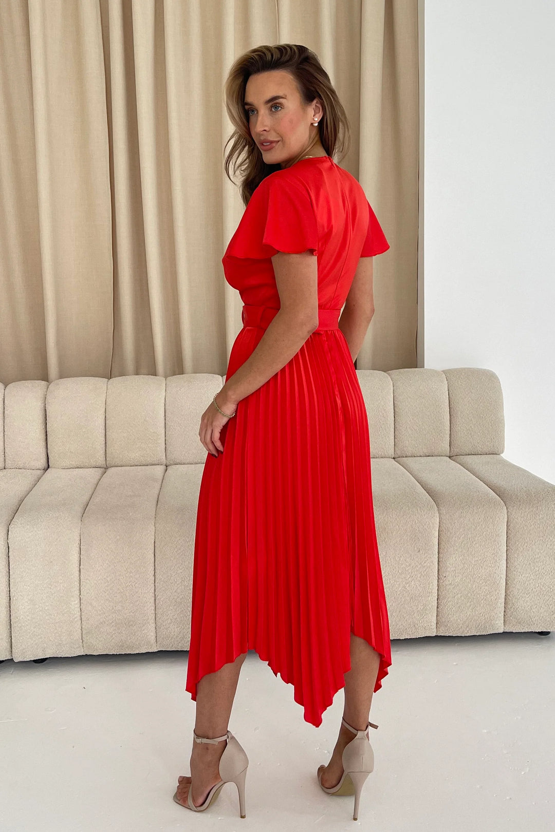 Brooklyn Red Short Sleeve Asymmetric Pleated Belted Midi Dress