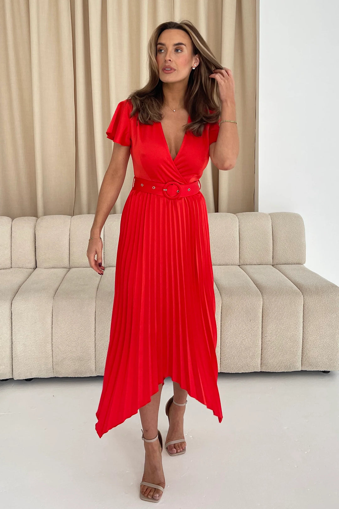 Brooklyn Red Short Sleeve Asymmetric Pleated Belted Midi Dress