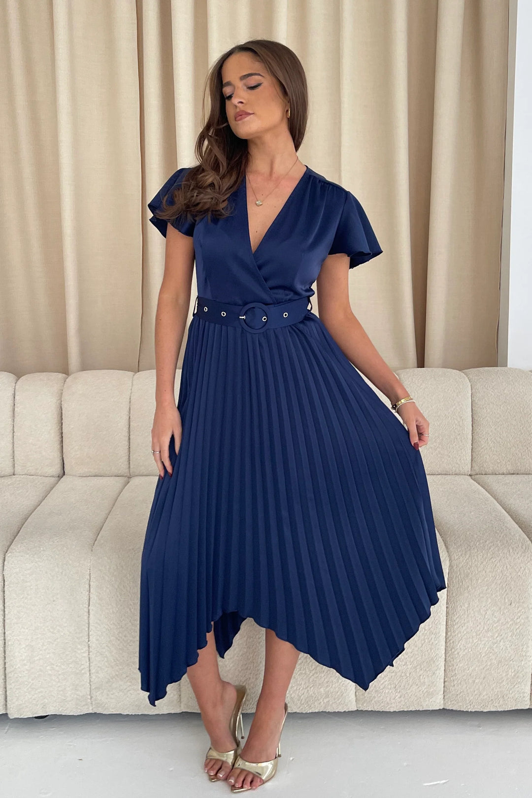Brooklyn Navy Short Sleeve Asymmetric Pleated Belted Midi Dress | LittleMadam Brooklyn Navy Short Sleeve Asymmetric Pleated Belted Midi Dress | LittleMadam